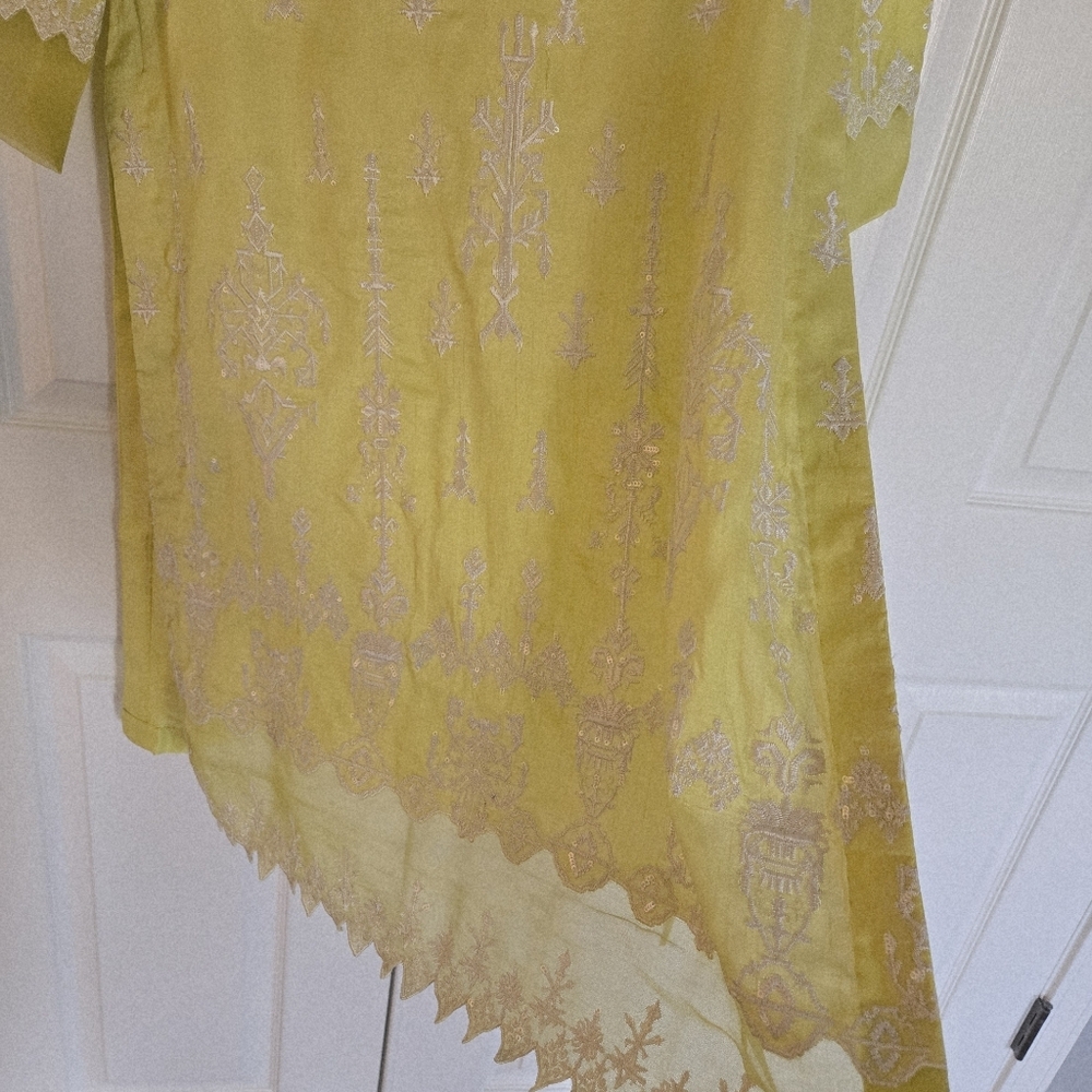 Embroidered Lime Yellow Top Shirt Long Kurti Cotton Silk Organza Size S/M - Picture 3 of 11